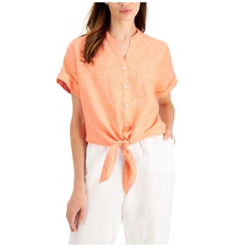 Charter Club Linen Top Womens XXL Orange Tie Front Button Blouse